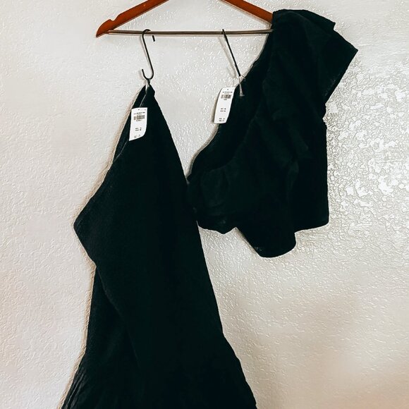 ABERCROMBIE & FITCH / ASYMMETRICAL RUFFLE TOP + MIDI SKIRT / BLACK / NEW w. TAGS - Picture 1 of 10